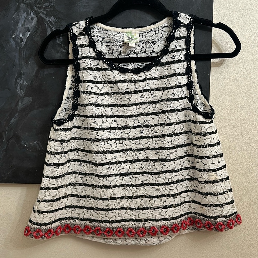 Made in San Francisco, lace top with cute black embroidery and red bead seam